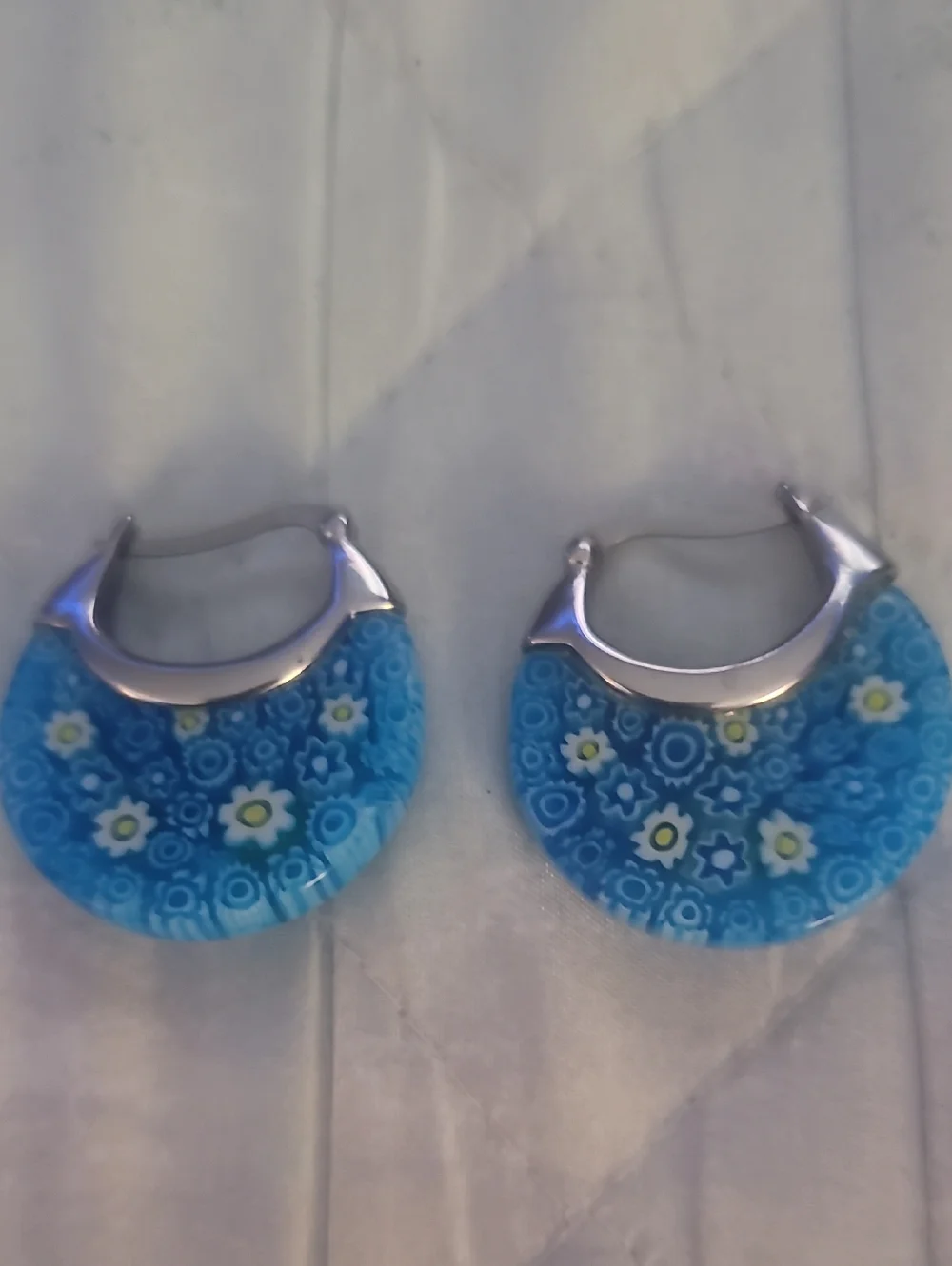 Blue Floral Millefiori Hoop Earrings